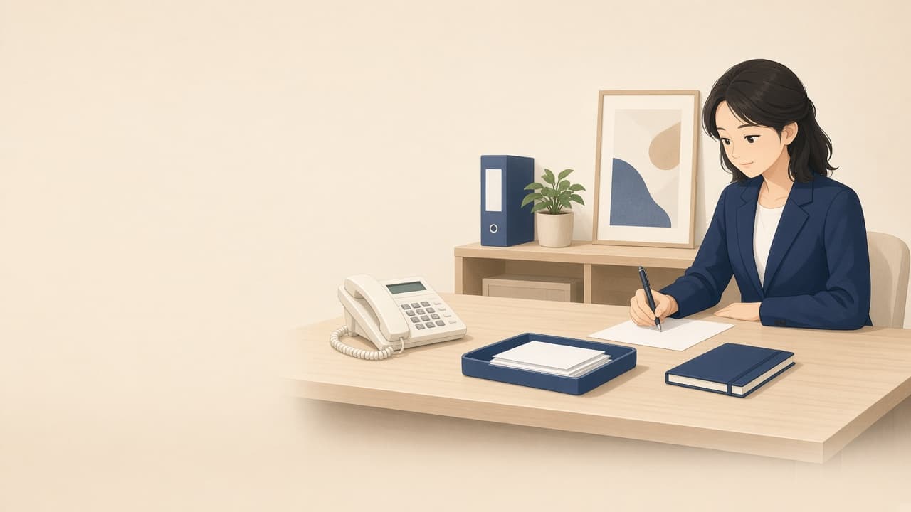 受付で書類を整理するスタッフ